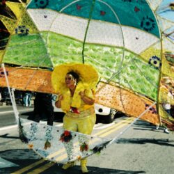 Parade performer in yellow costume with sun fan