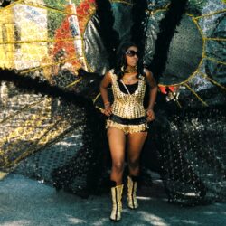 Person in gold carnival costume with wings