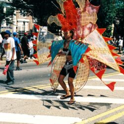Colorful festival costume with oversized wings