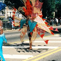 Vibrant winged carnival costume at street parade