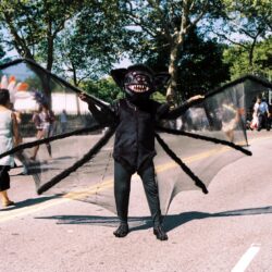 Person in black bat costume at parade