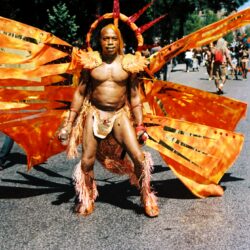 Carnival performer in large orange winged costume