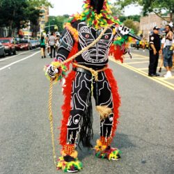 Masked performer in colorful feathered costume