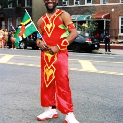 Smiling person in red carnival costume with flag