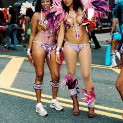 Two carnival dancers in pink feathered costumes