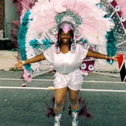 Carnival dancer in pink and teal feathered headdress