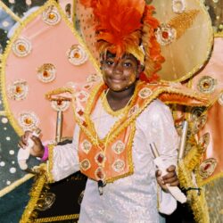 Smiling child in orange feathered carnival costume