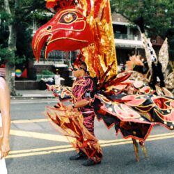 Colorful parade performer in red bird costume