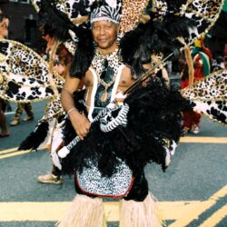 Carnival performer wearing leopard-print feather costume