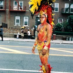 Carnival performer with large yellow feathered headdress