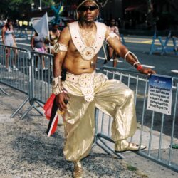 Man in gold carnival costume with feathered headdress