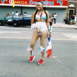 Person in colorful carnival costume holding flag