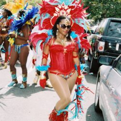 Woman in red feathered carnival costume dancing