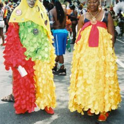 Two people in bright carnival costumes at parade