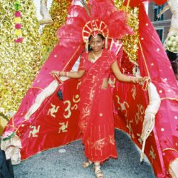 Person in red carnival costume with headdress