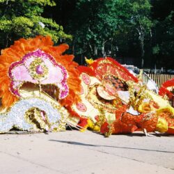 Colorful lion dance costumes resting on sidewalk