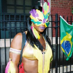 Masked carnival dancer with Brazilian flag