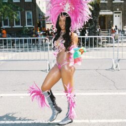 Woman in pink feathered carnival costume