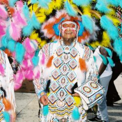 Person wearing colorful feathered beaded parade costume