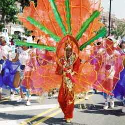 Person in vibrant orange carnival costume