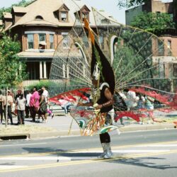 Street performer in large colorful butterfly costume