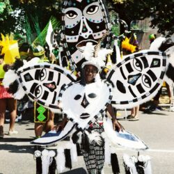 Carnival performer in large black and white costume