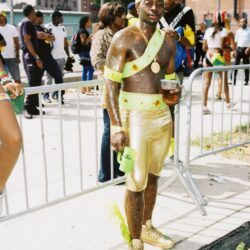 Person in gold carnival costume at parade