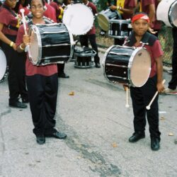 Marching band drummers in street parade