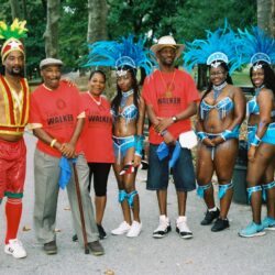 Group in colorful Caribbean carnival costumes