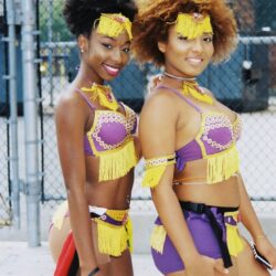 Two women in purple and yellow carnival costumes
