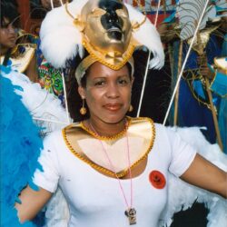Woman in gold mask and feathered carnival costume