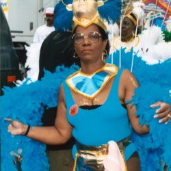 Woman in blue feathered carnival costume