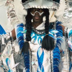 Performer in elaborate blue-and-white carnival costume