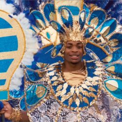 Person in elaborate blue and gold carnival costume