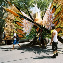 Colorful carnival costume with giant feather wings