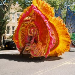 Parade participant in large orange feathered costume