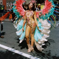Person in colorful feathered carnival costume