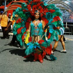 Woman in vibrant feathered carnival costume at parade