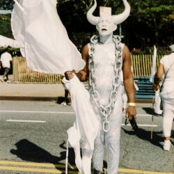 Person in silver horned costume holding white flag