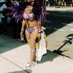 Person in purple feathered carnival costume walking