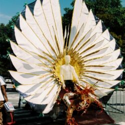 Parade costume with large white and gold wings