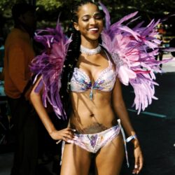 Smiling woman in purple feathered carnival costume