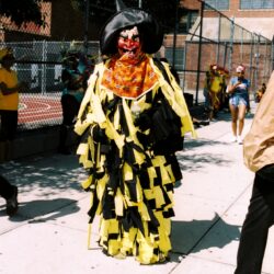 Masked parade performer in yellow and black costume