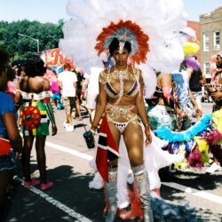 Carnival performer in elaborate feathered costume