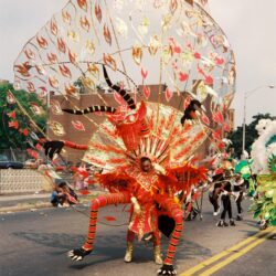 Carnival parade performer in red and gold costume