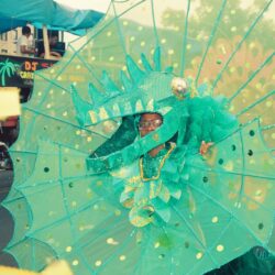 Person in turquoise carnival costume with umbrella