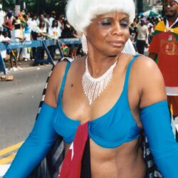 Person in blue carnival costume and white wig