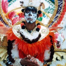 Masked carnival performer in colorful feathered costume