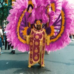 Carnival performer in elaborate pink and purple costume