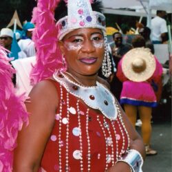 Woman in pink feathered carnival costume